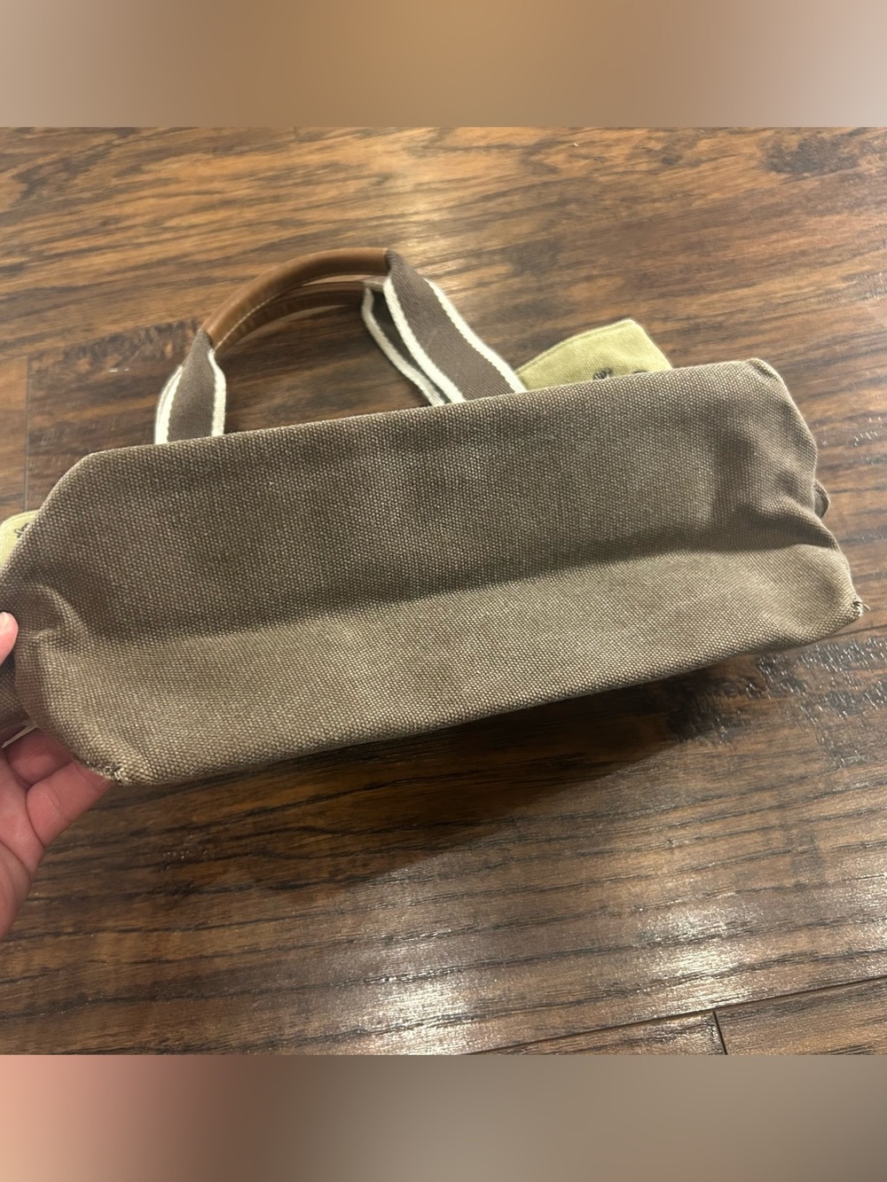 VINTAGE L.L.Bean Canvas Boat & Tote Moose Tan Brown Leather Trim Small Purse Bag - Picture 4 of 14